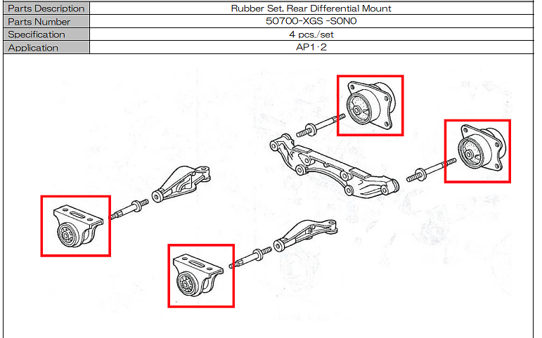Mugen Rear End Hard Bushings - Rear Differential Mount Set - 4 Piece Set for Honda S2000